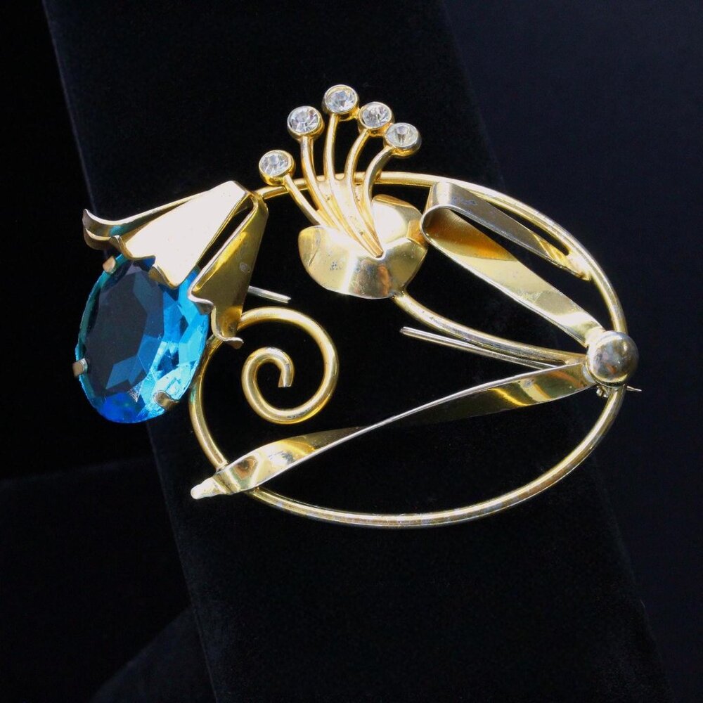 VINTAGE Gold-over-sterling Brooch with Aquamarine Rhinestone